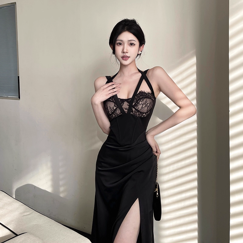 Black Sexy Lace Stitching Suspender Holiday Dress Long Birthday Dress YM2228