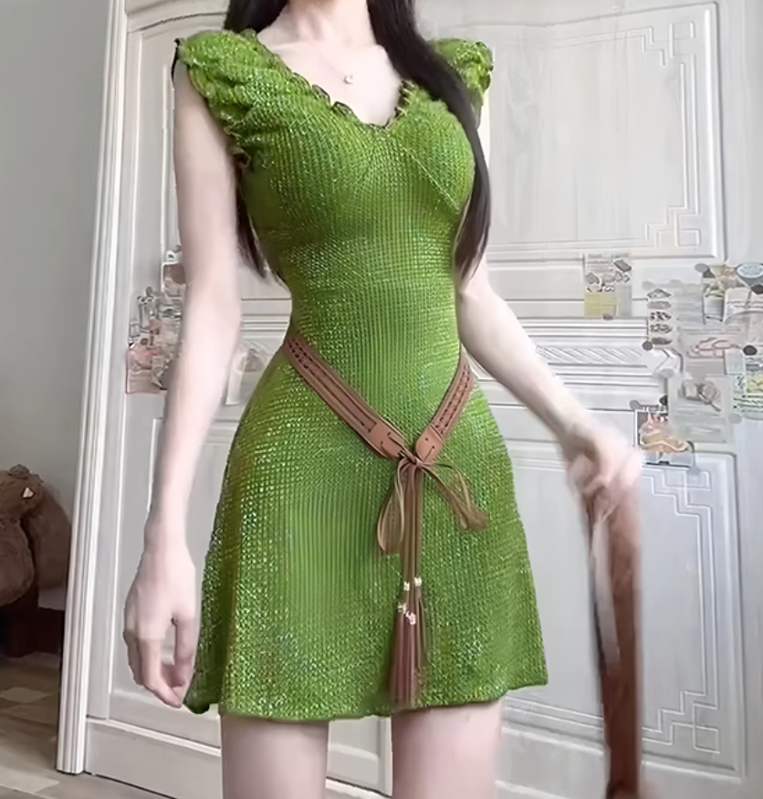 Vintage V-Neck Sleeveless Short Dress Green Vacation Dress YM2162