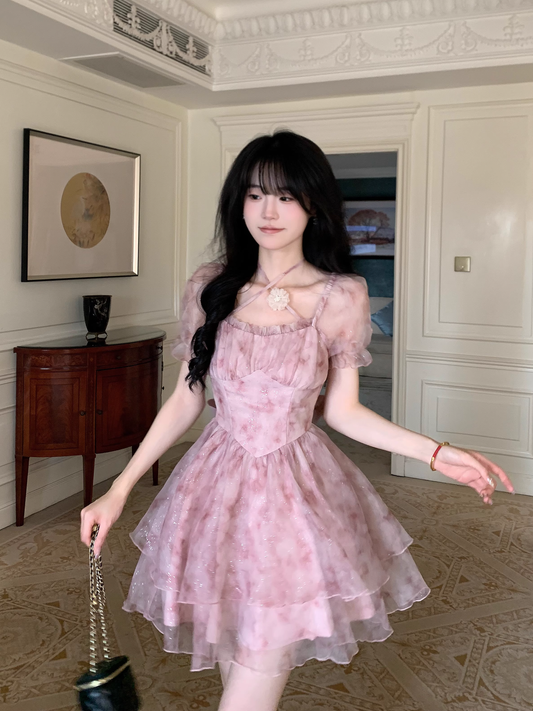 Sweet Pink Princess Organza Splicing Tie Waist Printed Puffy Prom Dress Birthday Party Dress YM2046