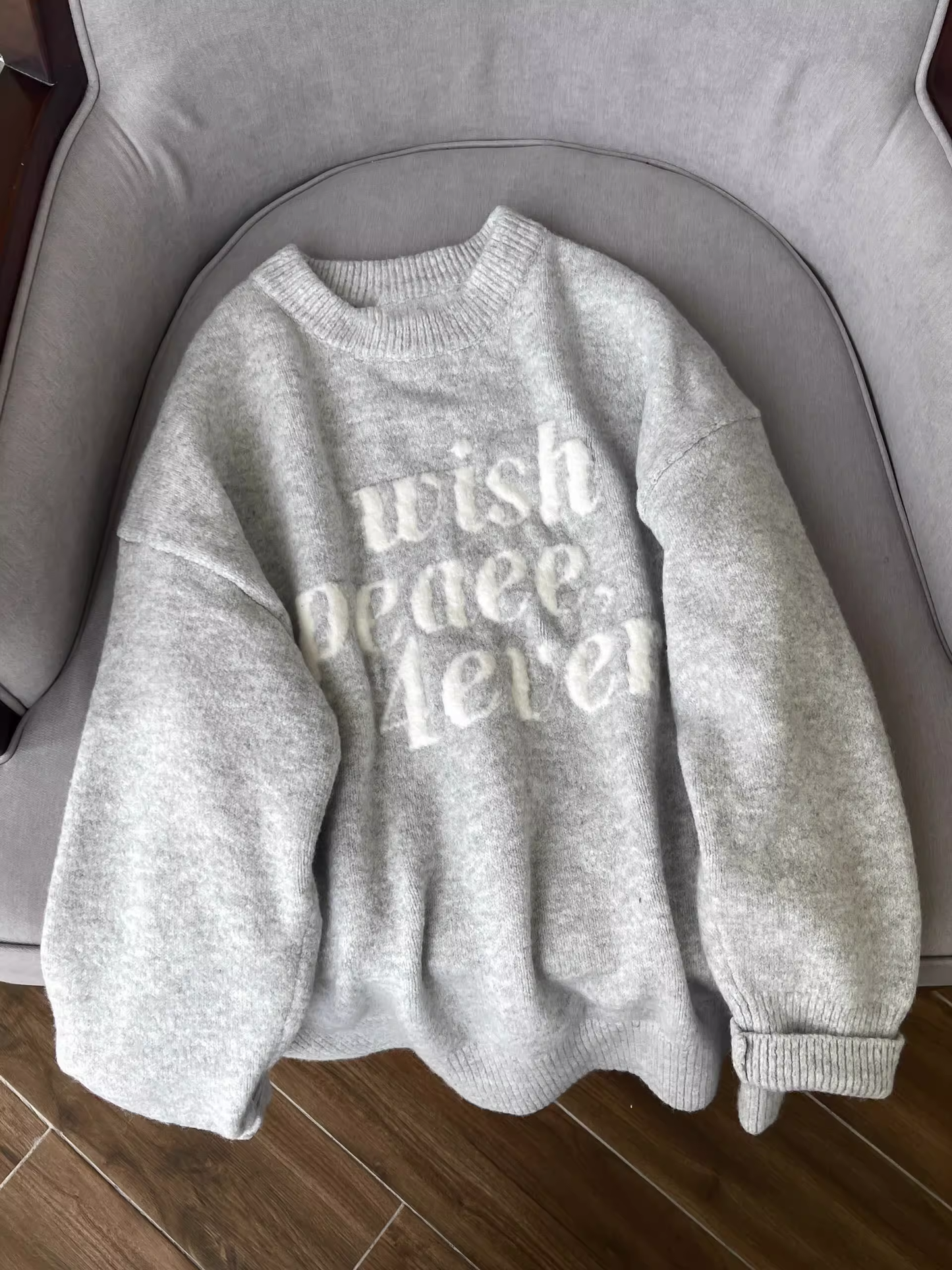 Retro Letter Jacquard Gray Sweater Round Neck Soft Knitted Sweater YM2394