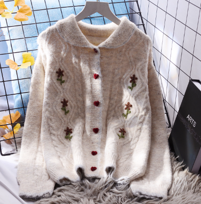 Embroidered POLO collar Short Sweater Cardigan Women's Loose Autumn New Japanese Knitted Jacket YM2343