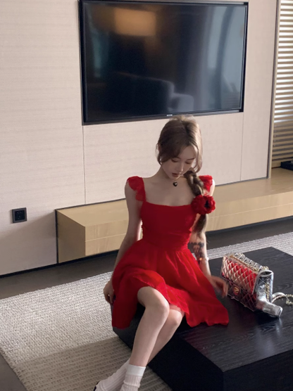 Red Sexy Backless Square Neck Straps Short Birthday Party Dress A Line Vacation Dress YM2131