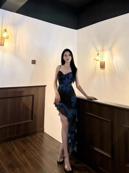 Romantic Blue Print Holiday Straps Irregular Mermaid Backless Vacation Dress Party Dress YM2135