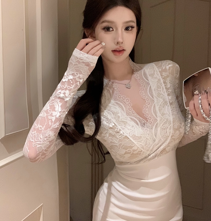 Sexy Black Hip-hugging V-neck Lace Short Dress Birthday Dress YM2334