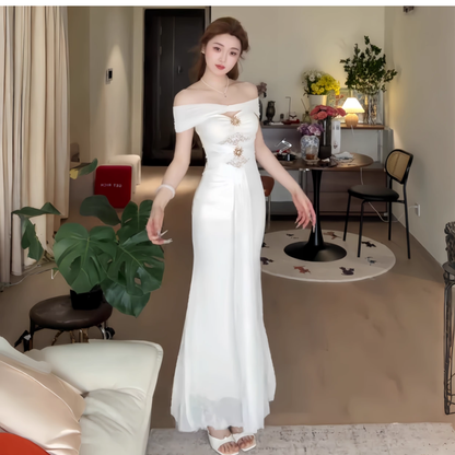 Elegant White Off The Shoulder Long Party Dress Vacation Dress YM2212