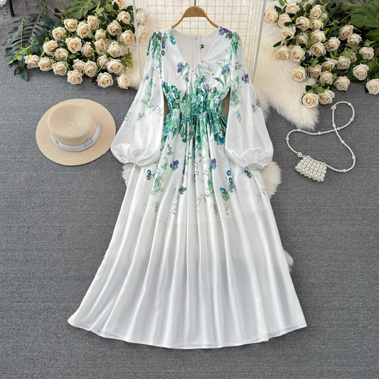 Long-sleeved V-neck a-line printed dress YM1002