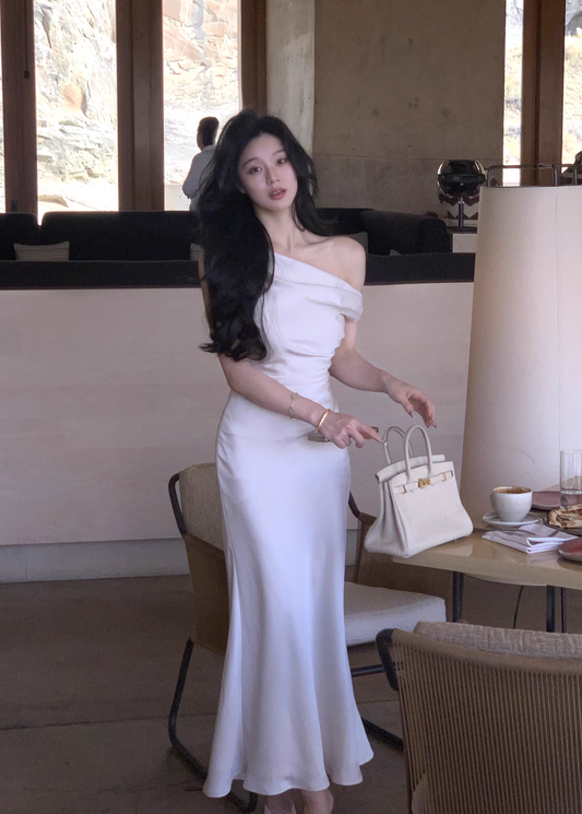 Simple White Satin Mermaid Party Dress Birthday Outfits YM2059