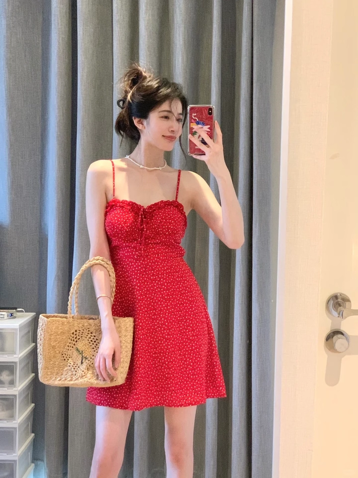 Sexy Red Polka Dot Hot Girl Suspender Floral Dress Short Holiday Dress YM2330
