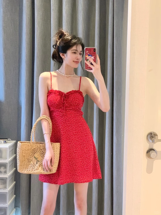 Sexy Red Polka Dot Hot Girl Suspender Floral Dress Short Holiday Dress YM2330