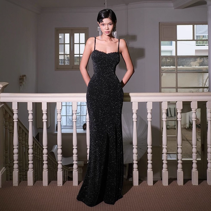 Vintage Black Spaghetti Straps Sheath Long Party Dress Birthday Dress YM2252