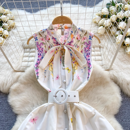 Printed holiday dress sweet bow collar sleeveless dress for women YM1208