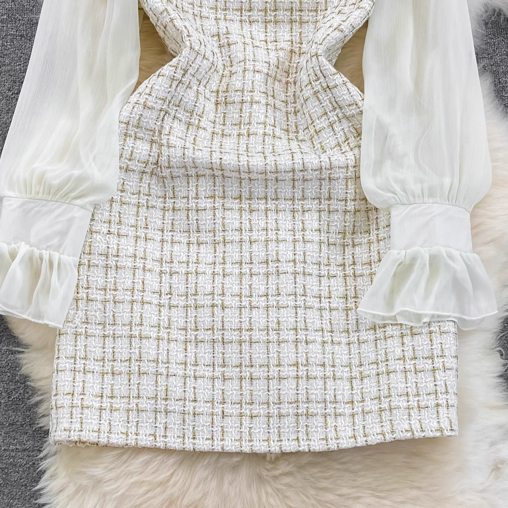 Stitching tweed waist A-line dress for women,vocation dress YM233, YM233