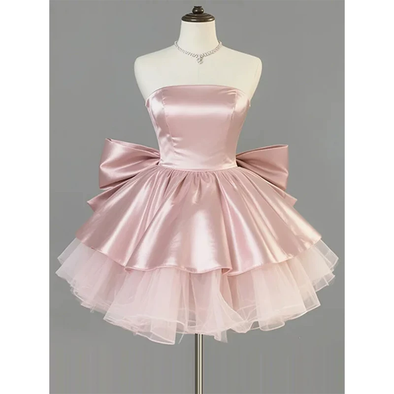 Sweet Purple Strapless Satin Tulle A Line Short Birthday Dress With Bow YM2460