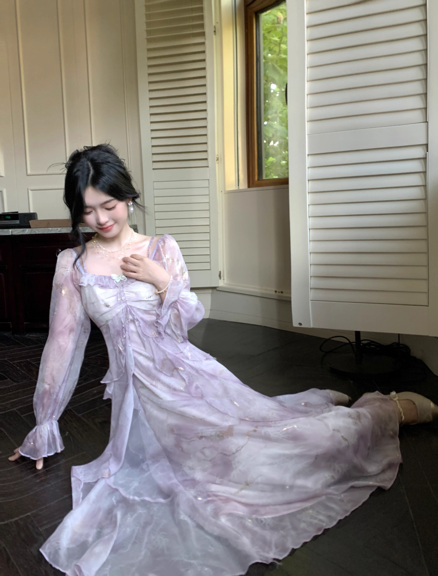 Purple Fairy-Like Ruffle Long-Sleeve Prom Dress Off The Shoulder Party Dress YM2043