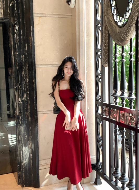 Red U-Neck Suspender Birthday Dress Long A Line Party Dress  YM2055