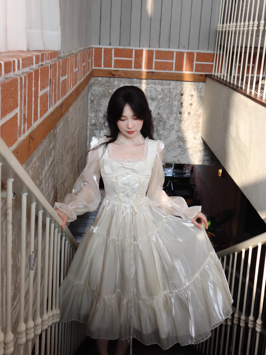 Apricot French Square Neck Long Dress Fairy Glossy  Party Dress Prom Dress YM2026