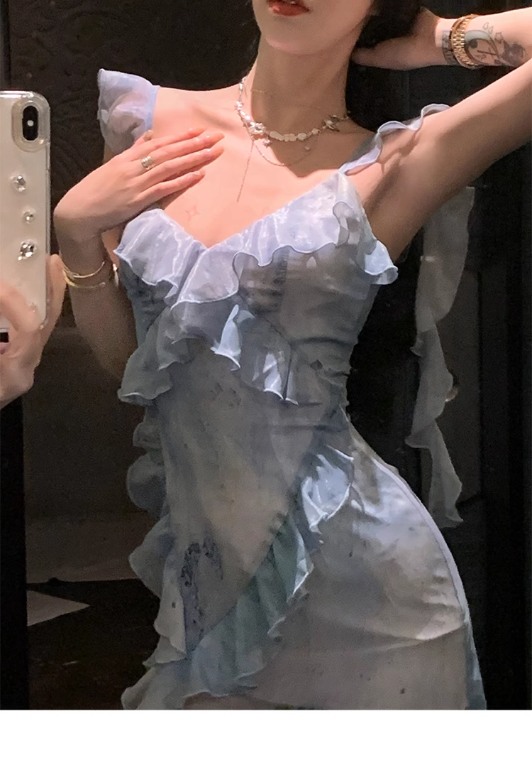 Classy Blue Chiffon Ruffles Slit Party Evening Dress YM2006