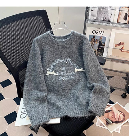 Cute Apricot Embroidered Bow Pullover Sweater YM2426