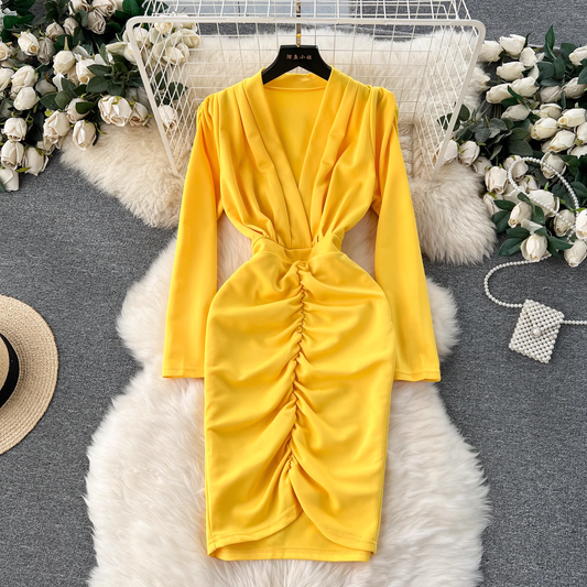 Deep V-neck pleated summer dress YM1249
