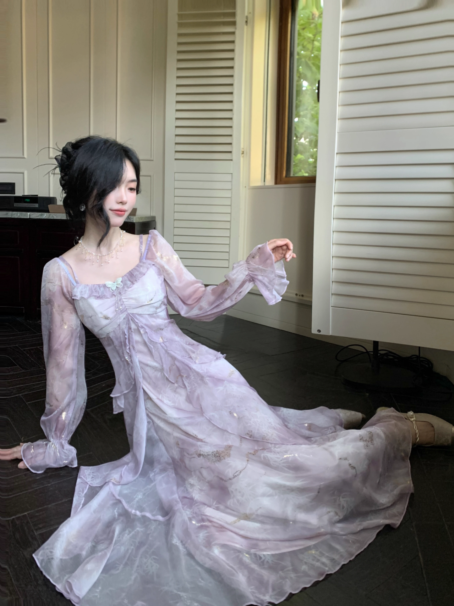 Purple Fairy-Like Ruffle Long-Sleeve Prom Dress Off The Shoulder Party Dress YM2043