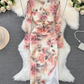 Long-sleeve padded square-neck mid-length slit  printed dress YM883