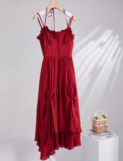 Romantic Rose Red Lace-up Straps A Line Birthday Party Dress,Prom Dress YM2045