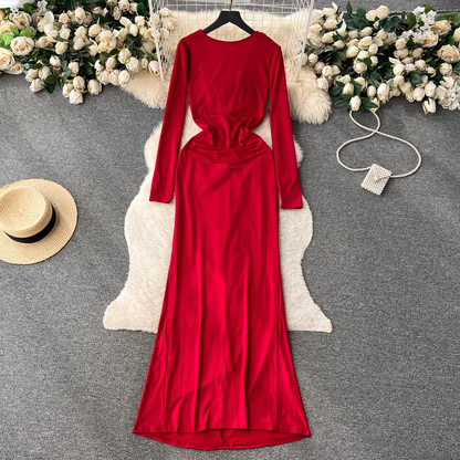 Deep V-neck low-cut  pleated mid-length summer dress  YM443