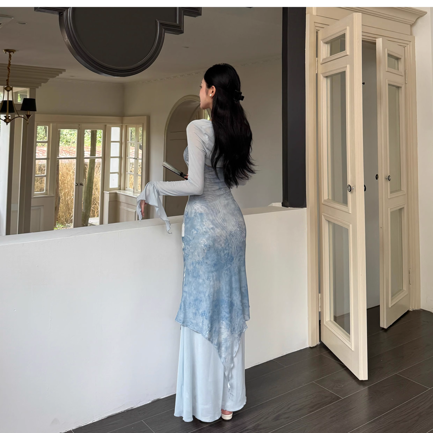 Elegant Blue Print Floral Straps Sheath Long Vacation Dress Holiday Dress Two Piece YM2274