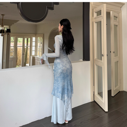 Elegant Blue Print Floral Straps Sheath Long Vacation Dress Holiday Dress Two Piece YM2274