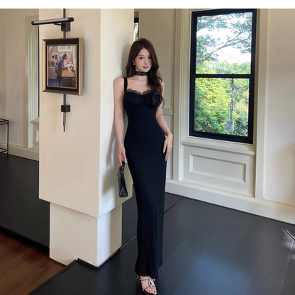 Black Lace Suspender Women Dress New Sexy Long Holiday Dress YM2257