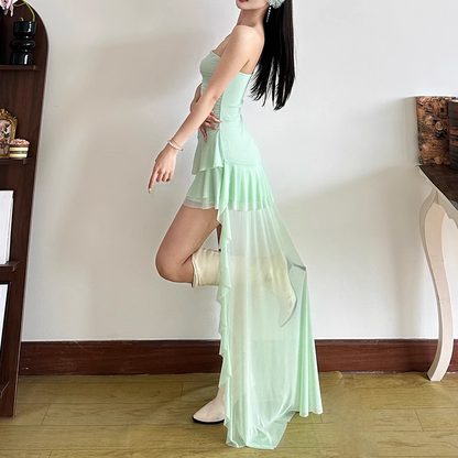 Pretty Mint Green Strapless Chiffon Ruffle Vacation Dress Long Holiday Dress YM2194