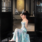 Charming Spaghetti Straps Smudge Dyed Print Mermaid Prom Dress Long Evening Dress YM1992