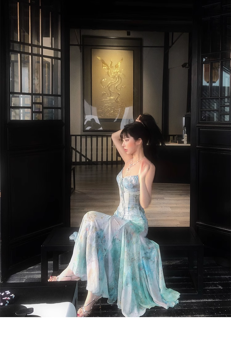Charming Spaghetti Straps Smudge Dyed Print Mermaid Prom Dress Long Evening Dress YM1992