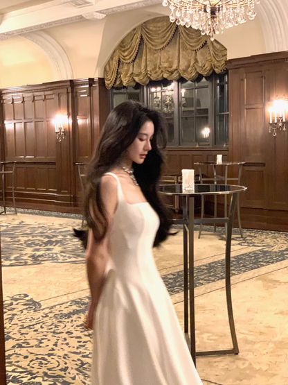 Simple White U-Neck Suspender Birthday Dress Long A Line Party Dress  YM2056