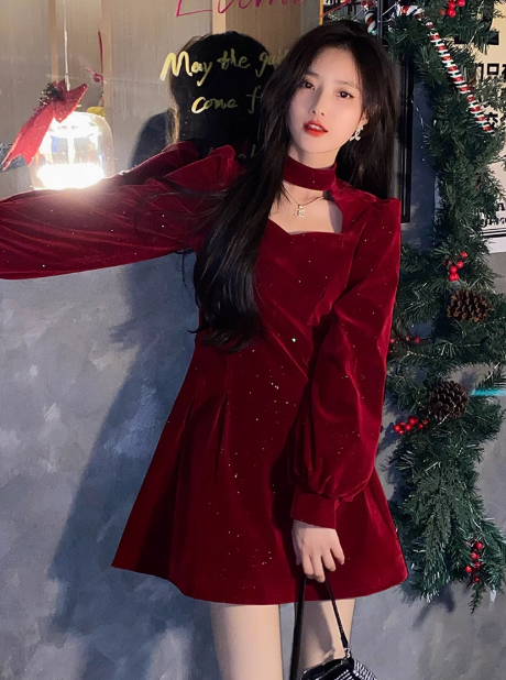 Burgundy velvet a line birthday party evening dress YM1964