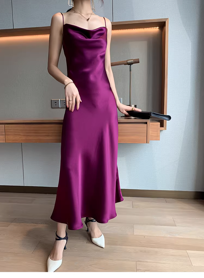 Pretty Purple Spaghetti Straps Satin Long Birthday Party Dress YM2441