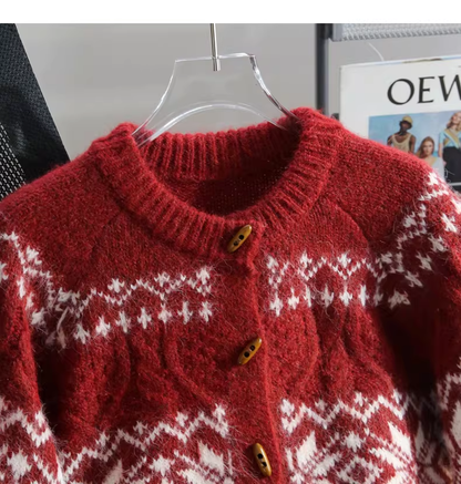 Vintage Fair Isle Jacquard Horn Button Red Sweater Coat YM2444