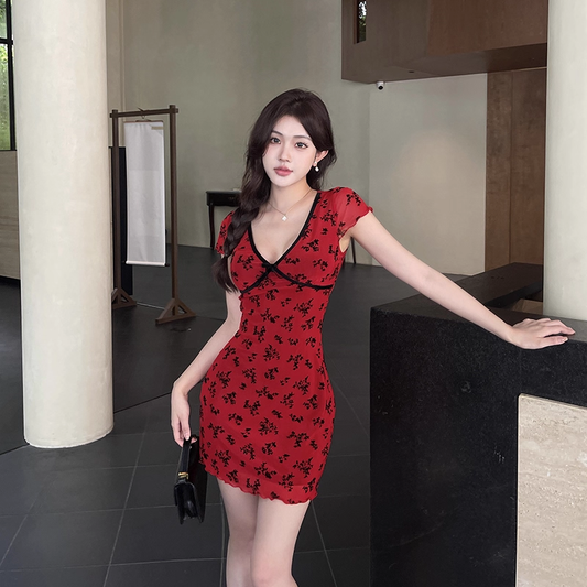 Vintage Red Short Sleeves Print Floral Sheath Short Birthday Dress Vacation Dress YM2231