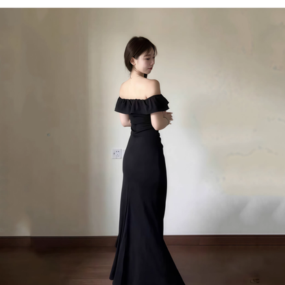 Elegant Off The Shoulder Black Mermaid Long Birthday Dress Vacation Dress YM2244