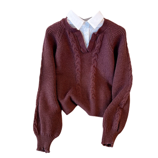 Brown Fake Two-piece Design Sweater Autumn Slim All-match Casual Top YM2299