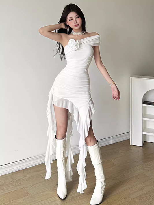Irregular fringe tube prom dress YM1526