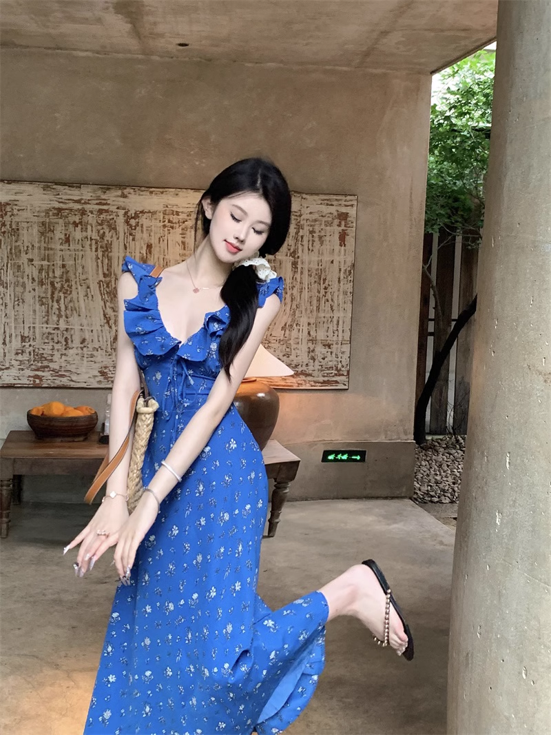 Blue Floral V Neak A Line Party Dress YM1834