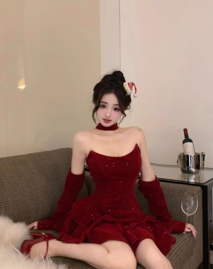 Glitter Red Velvet A Line Party Dress Birthday Outfits YM1822