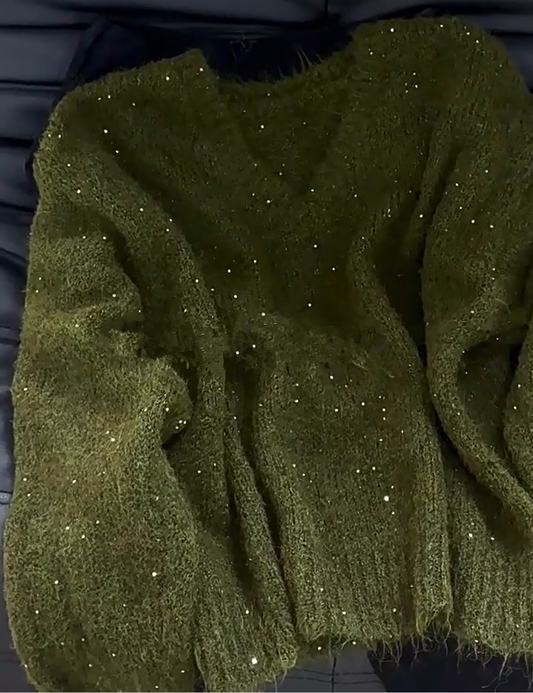 Stunning Dark Green Sequined V-neck Mohair Sweater YM1857
