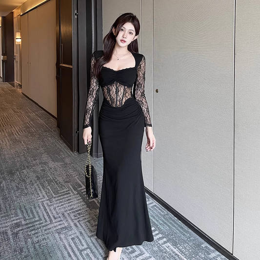 Sexy Black Lace Long-Sleeved Sheath Long Party Dress Holiday Dress  YM2260