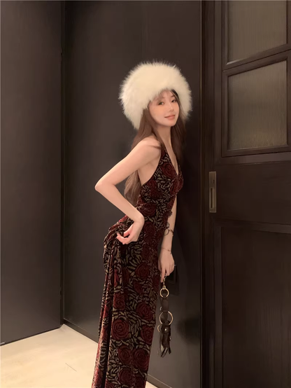 Vintage Rose Velvet Dress Sexy Halter Neck Backless Mermaid Long Party Dress YM1820