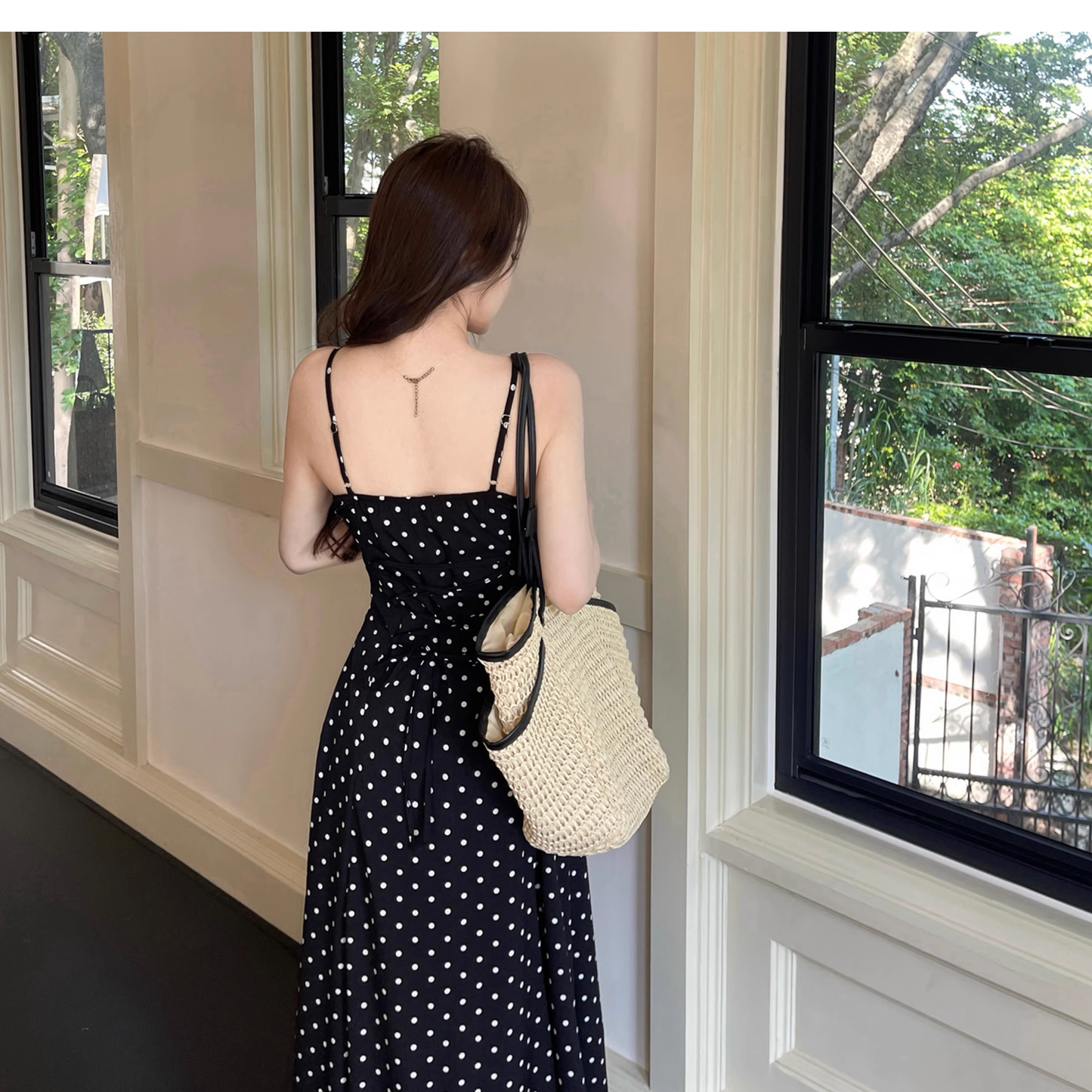 Cute Spaghetti Strap Lace Polka Dot Long Holiday Dress Vacation Dress YM2215