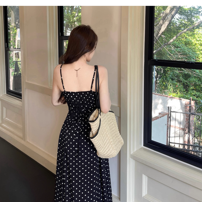 Cute Spaghetti Strap Lace Polka Dot Long Holiday Dress Vacation Dress YM2215