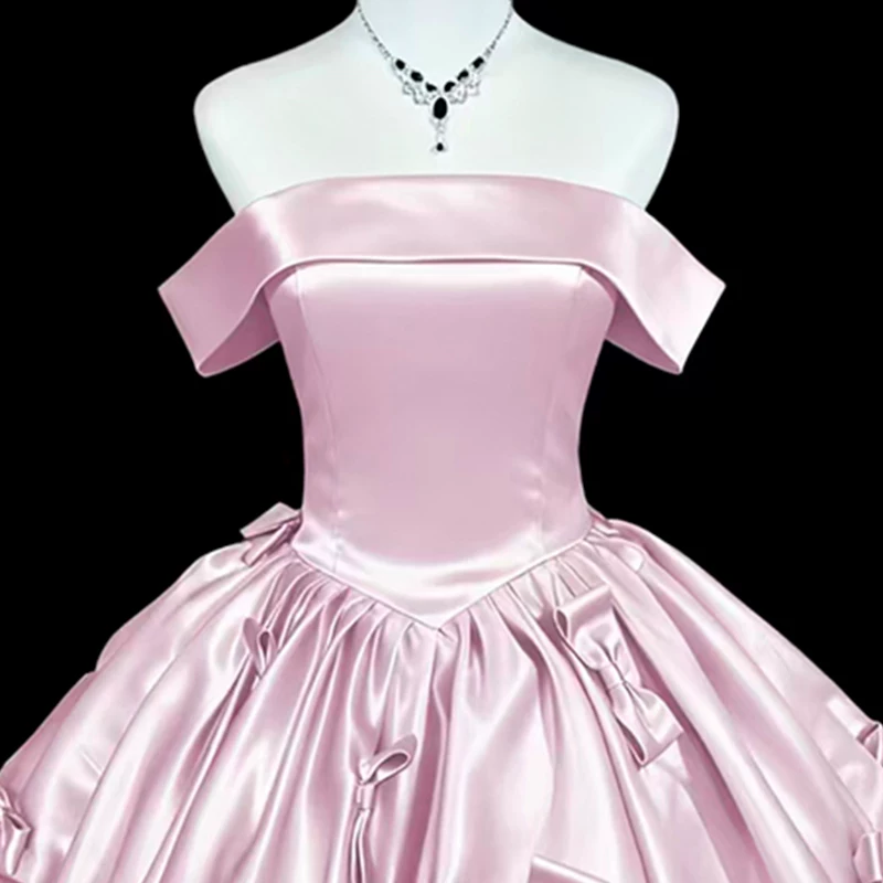 Cute Pink Satin Bow Off The Shoulder Short Birthday Dress Cocktail Dress YM2461