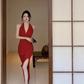 Women's black backless slit halterneck dress YM1231